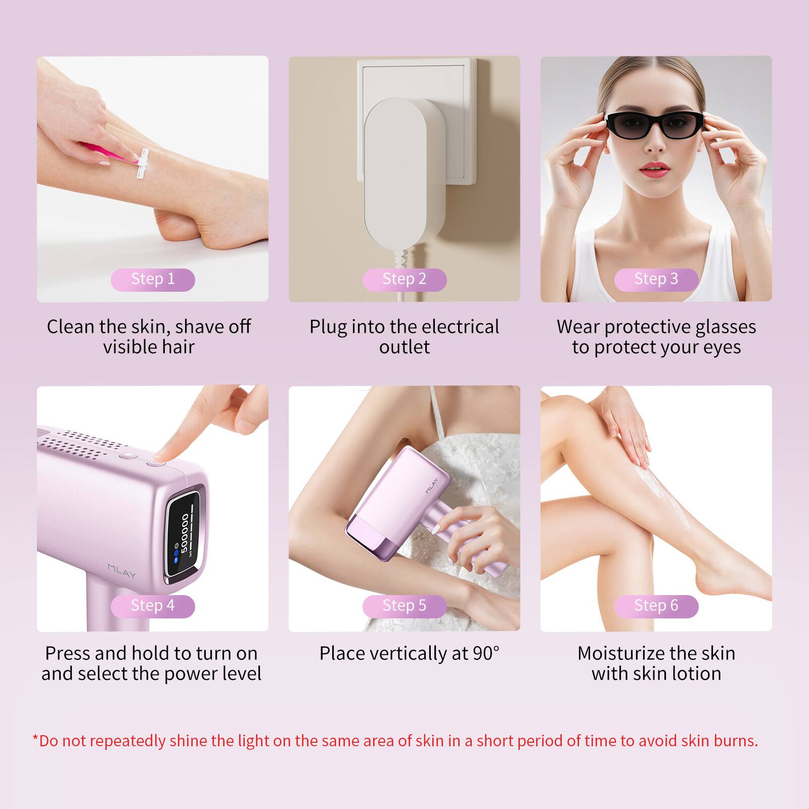 Step 1: Clean the skin, shave off visible hair

Step 2: Plug into the electrical outlet

Step 3: Wear protective glasses to protect your eyes

Step 4: Press and hold to turn on and select the power level

Step 5: Place vertically at 90°

Step 6: Moisturize the skin with skin lotion

*Do not repeatedly shine the light on the same area of skin in a short period of time to avoid skin burns.