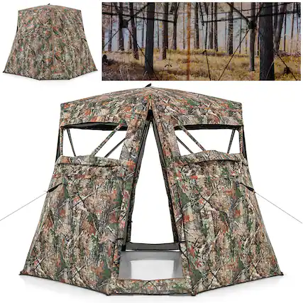 Front. Costway - Costway 3 in 1 Multifunctional Hunting Blind with Skylight Roof Cover Carrying Bag stakes - Camouflage.