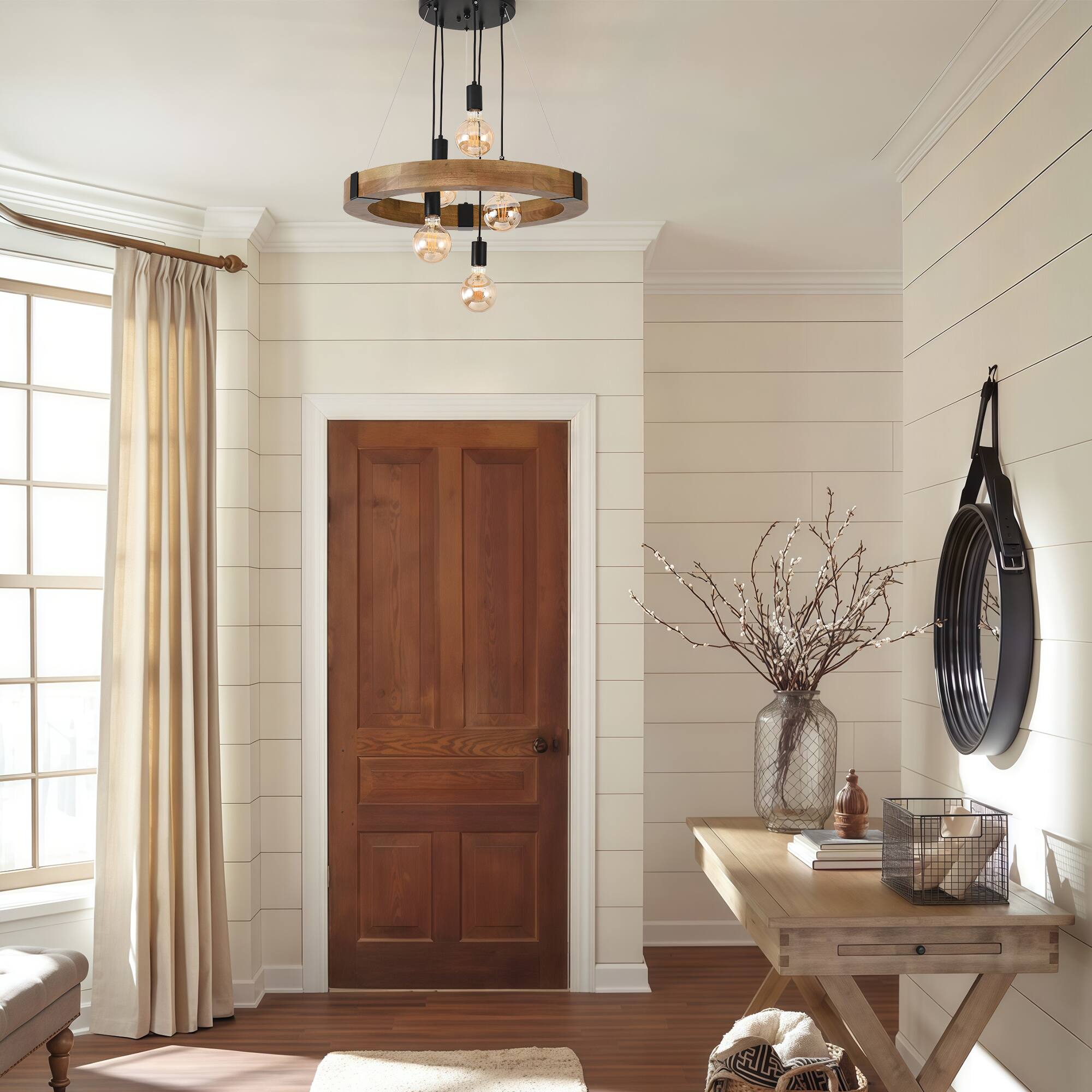 Left. RYHNUYNE - 5-Light Farmhouse Wooden Chandelier 23.62in Circular Pendant with Adjustable Height Rustic Natural Wood Ceiling Light.