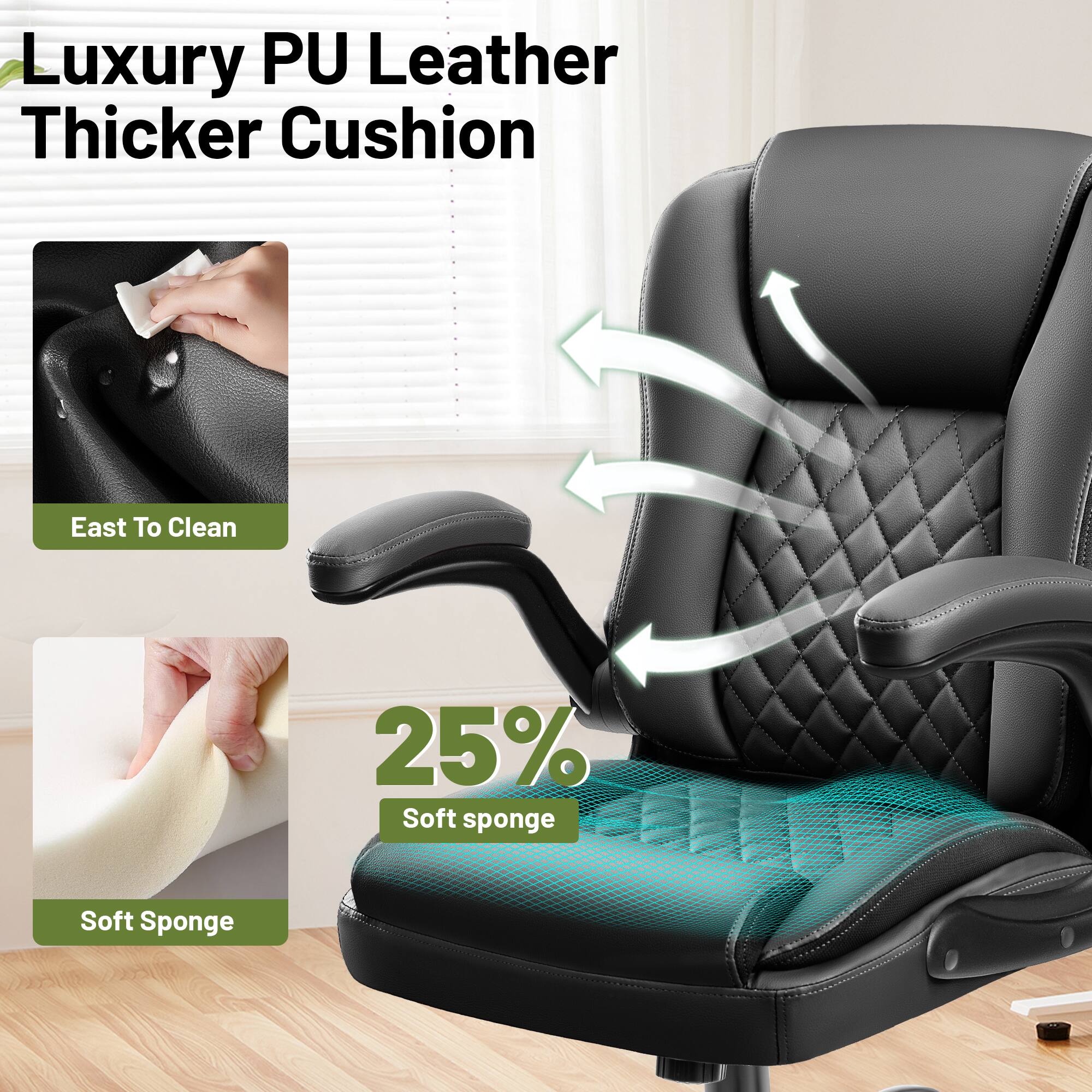 KERDOM - Ergonomic PU Small Leather Chair Office Desk Chair with Wheels, Tilt Mid Back Computer Chair Swivel Task Work Chair - Thumbnail 5