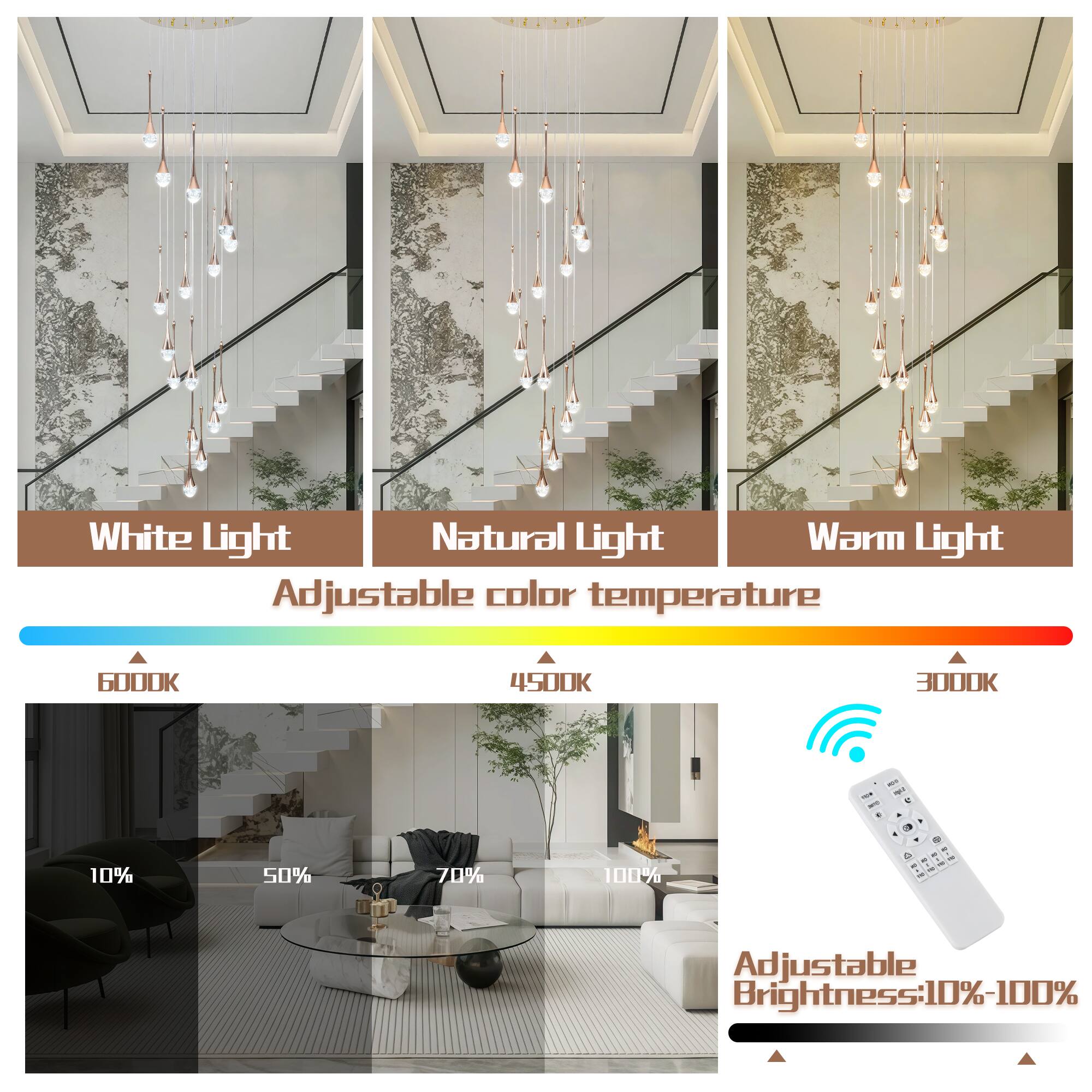 White Light  
Natural Light  
Warm Light  

Adjustable color temperature  
6000K  
4500K  
3000K  

Adjustable Brightness: 10%-100%  

10%  
50%  
70%  
100%  

Adjustable Brightness: 10%-100%