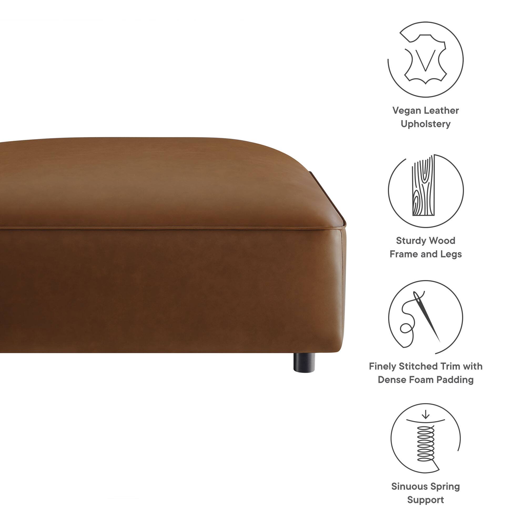 Vegan Leather Upholstery  
Sturdy Wood Frame and Legs  
Finely Stitched Trim with Dense Foam Padding  
Sinuous Spring Support