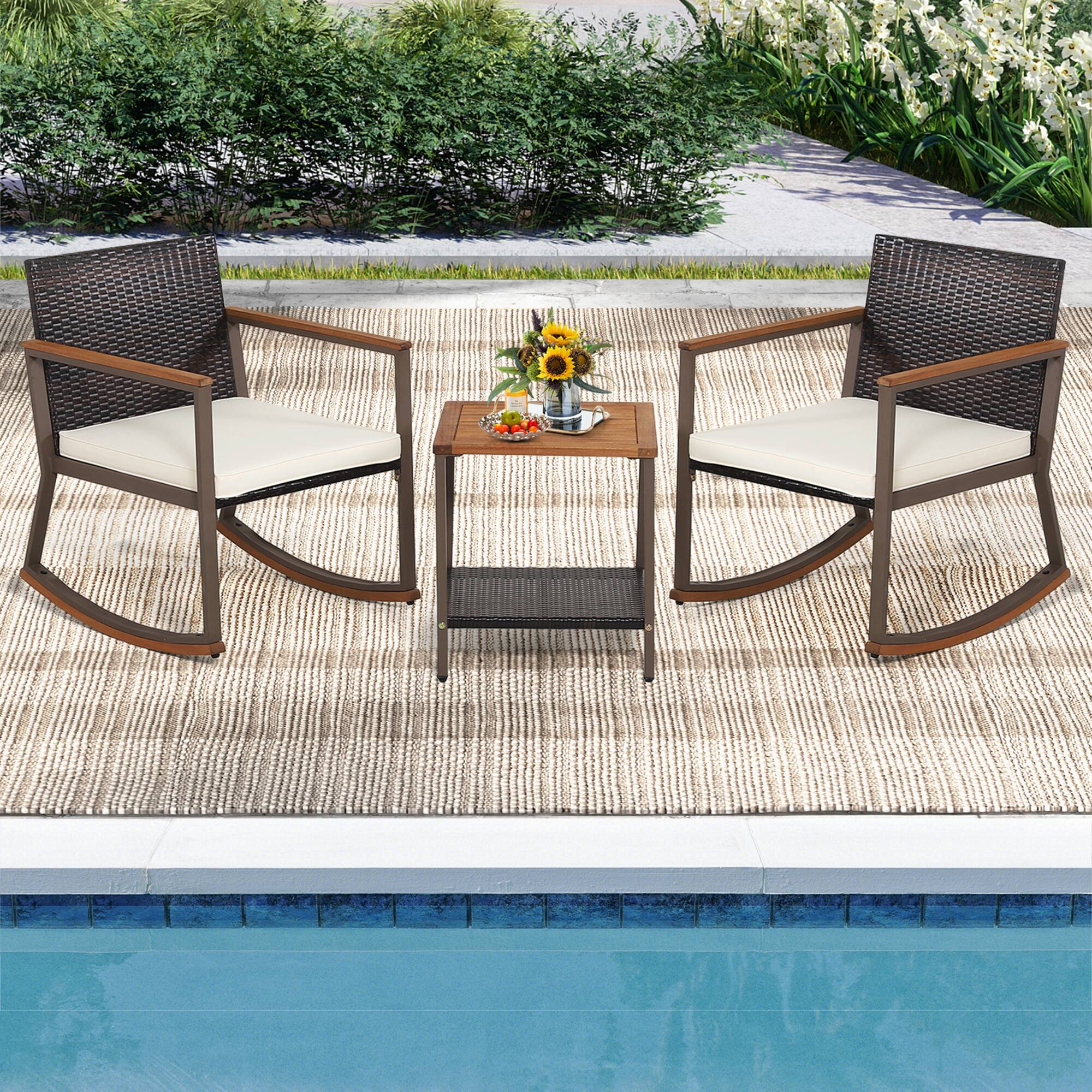 Alt View 1. Costway - Costway 3PCS Patio Rattan Rocking Chair Bistro Set Armrest Cushion Table with Storage Shelf Off - Off White,Mix Brown.