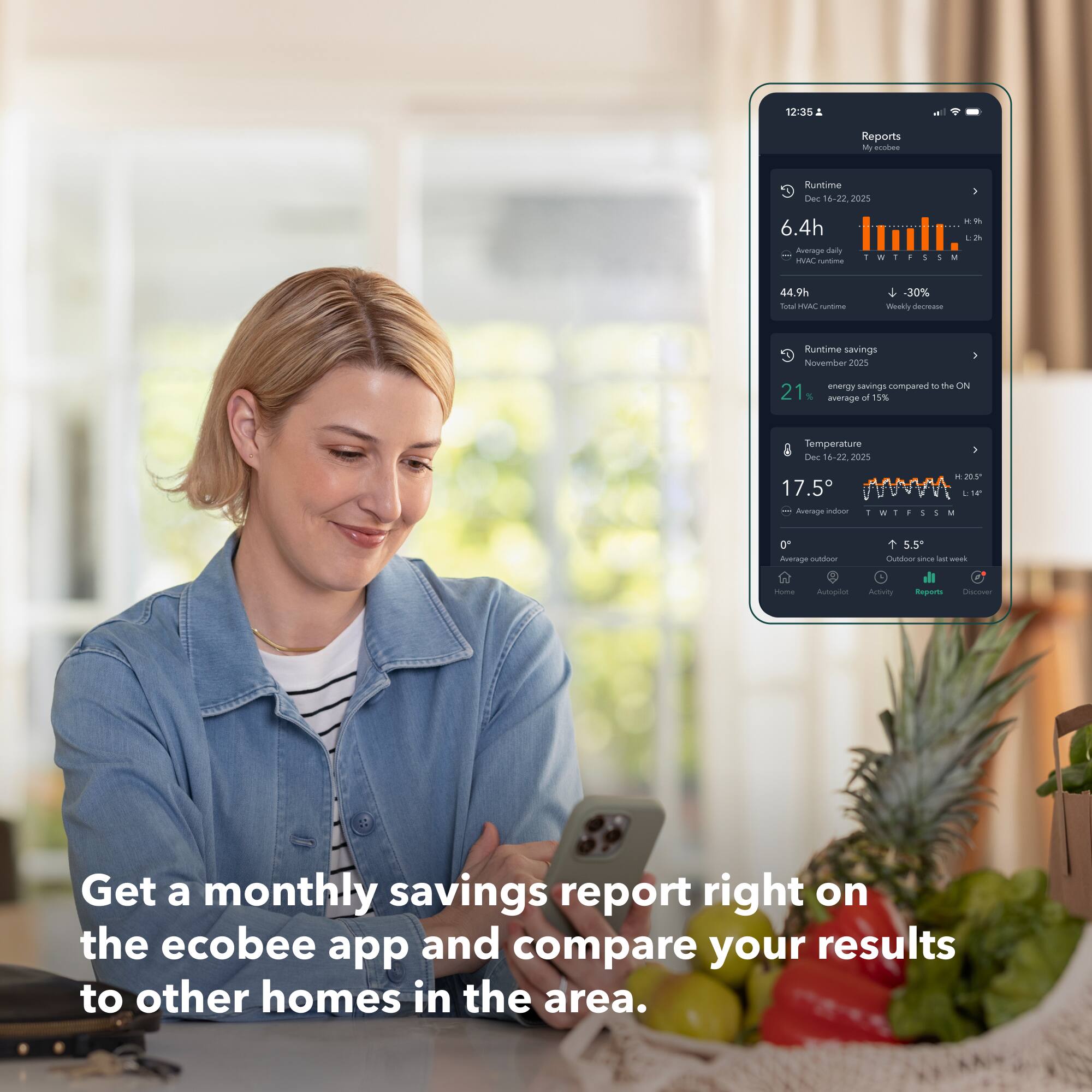 12:35  
2 Reports  
Marodes  
Runtime  
Dec 16-22, 2023  
6.4h  
Average daily  
44.9h  
Weekly decrease -30%  
Runtime savings  
November 2023  
21% energy savings compared to the ON average of 15%  
Temperature  
Dec 16-22, 2023  
17.5°  
Average indoor  
Get a monthly savings report right on the ecobee app and compare your results to other homes in the area.