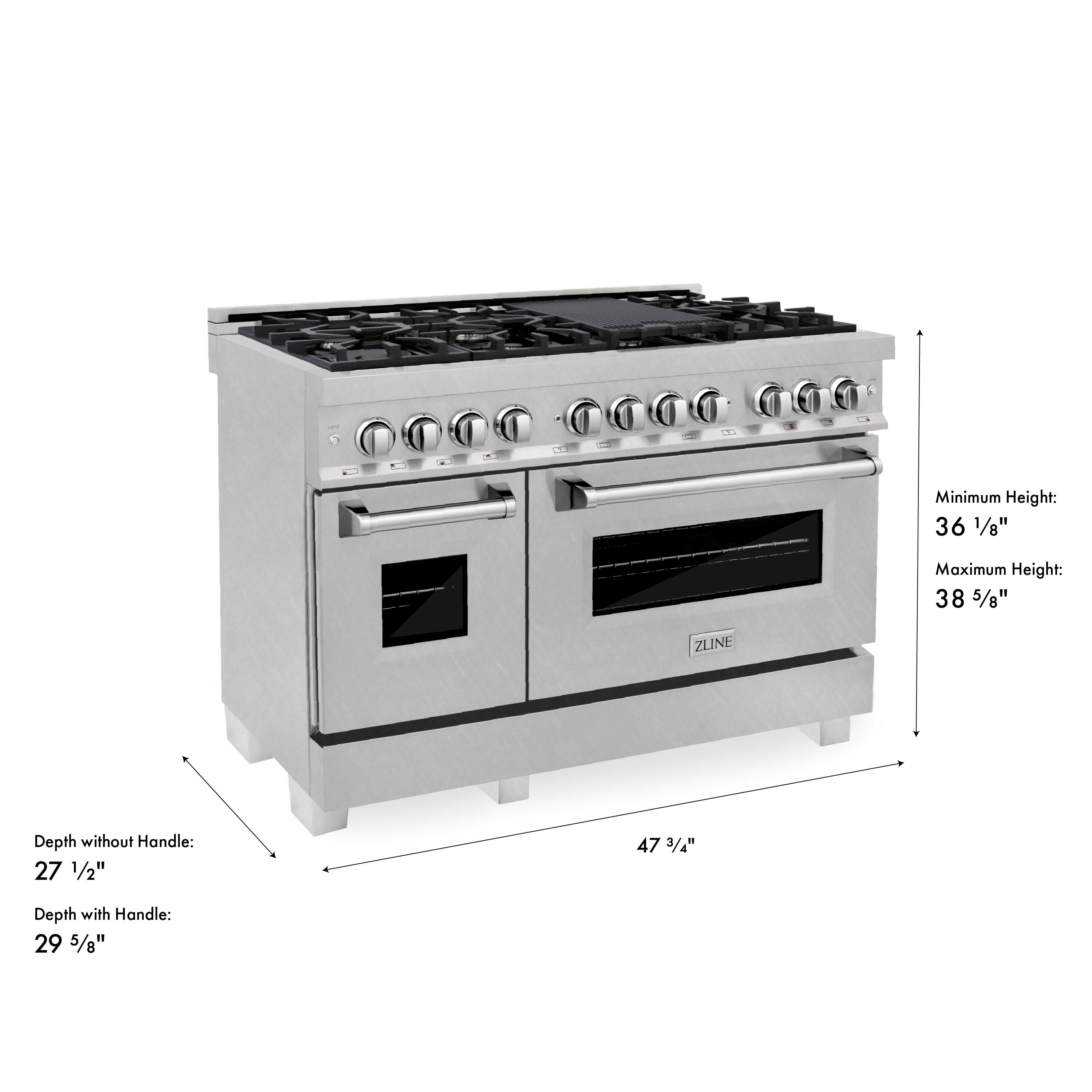 Minimum Height: 36 1/8"  
Maximum Height: 38 5/8"  
ZLINE Depth without Handle: 27 1/2"  
Depth with Handle: 29 5/8"