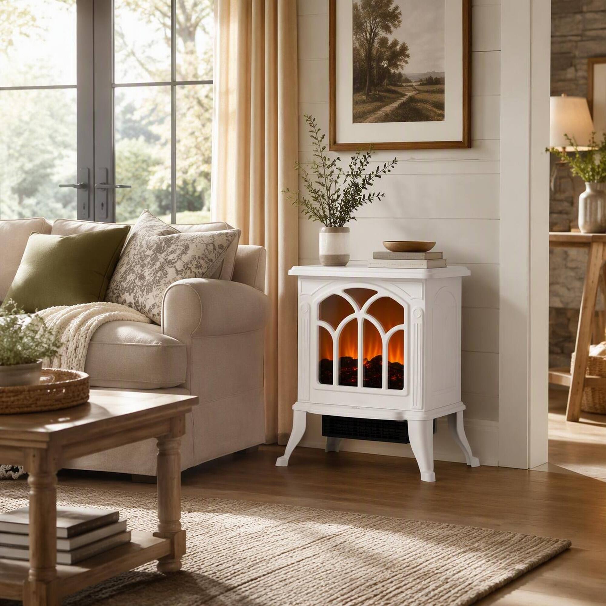 Angle. RYHNUYNE - Freestanding Electric Fireplace Stove with Realistic Logs and Flame Effect, 750W/1500W Adjustable Heat, White Finish - White.