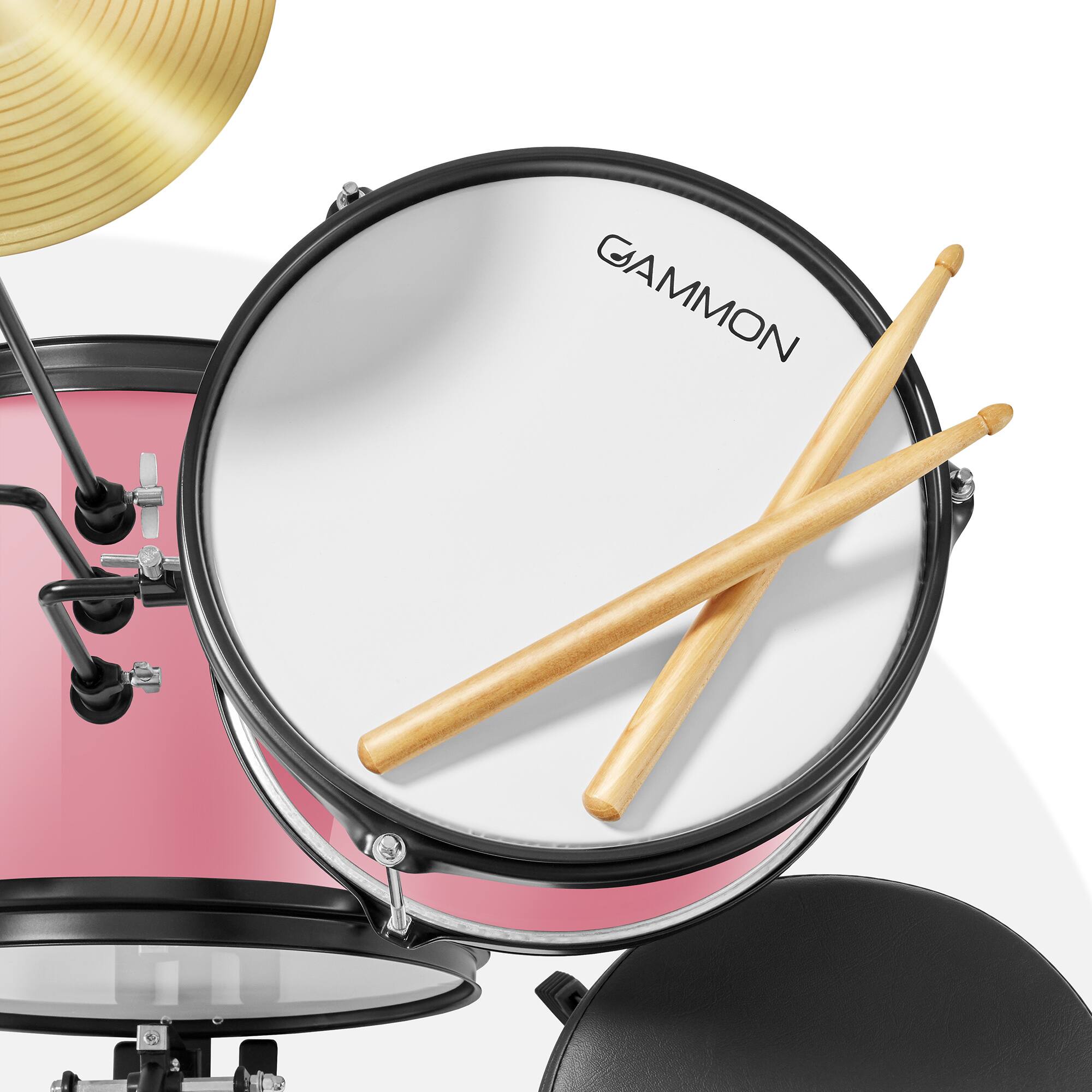 Alt View 3. Gammon Percussion - 3pc Junior Drum Set - Beginner Kit with Throne - Cymbal - Drumsticks - Pink.