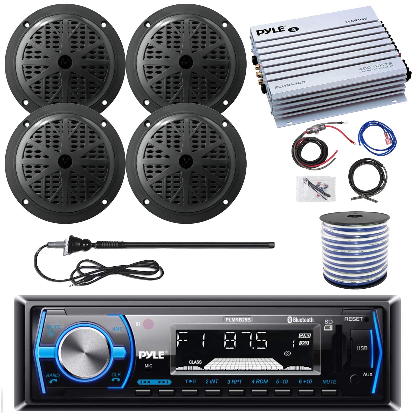 Pyle - Single DIN Bluetooth Marine Stereo Receiver, 4x 5.25'' Speakers,  4-Channel Amplifier w/ Wiring Kit, Wire, Antenna