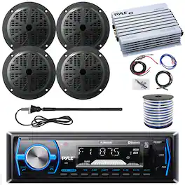 Pyle - Single DIN Bluetooth Marine Stereo Receiver, 4x 5.25'' Speakers, 4-Channel Amplifier w/ Wiring Kit, Wire, Antenna