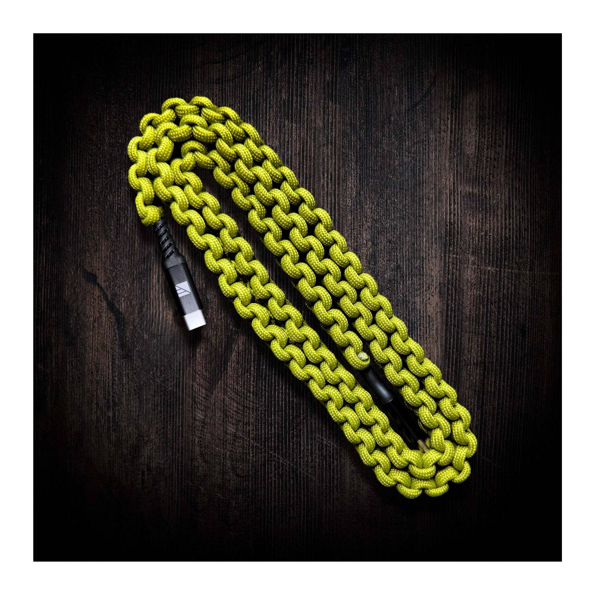 Angle. Dark Energy - Dark Energy 6 Feet USB C to USB C Paracord Green Cable with Leather Strap.