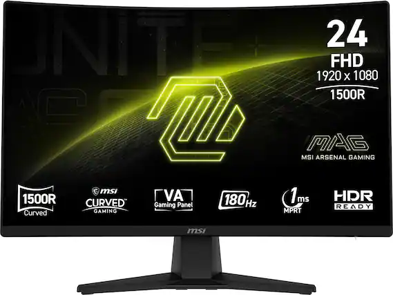 The text on the image reads: "UNITE 24 FHD 1920 X 1080 1500R AC II MAG MSI ARSENAL GAMING 1500R Curved msi - CURVED GAMING VA Gaming Panel 180 Hz 1ms 1 ms MPRT HDR READY msi."