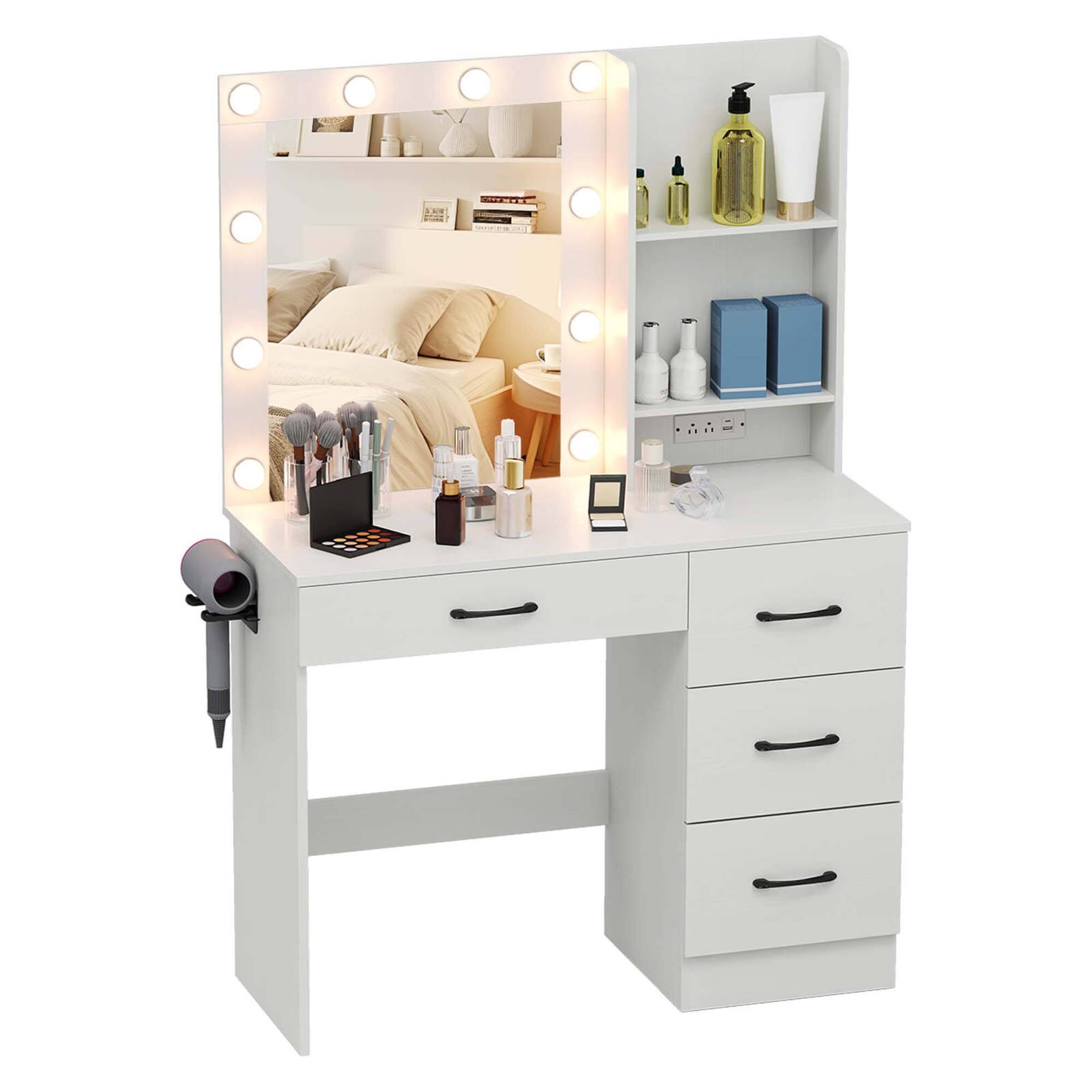 Angle. Costway - Costway Makeup Vanity Desk with Mirror and Lights Charging Station 3-Color LED Lights White - White.