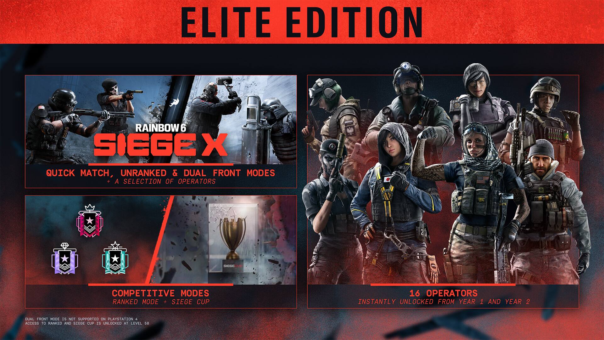 ELITE EDITION RAINBOW 6 SIEGE X QUICK MATCH, UNRANKED & DUAL FRONT MODES + A SELECTION OF OPERATORS 1-6. COMPETITIVE MODES RANKED MODE + SIEGE CUP. 16 OPERATORS INSTANTLY UNLOCKED FROM YEAR 1 AND YEAR 2. DUAL FRONT MODE IS NOT SUPPORTED ON PLAYSTATION 4. ACCESS TO RANKED AND SIEGE CUP IS UNLOCKED AT LEVEL 50.