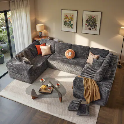 Front. Ovios - 135" Sectional Sofa, U Shaped Deep Seat Couch with Chaise Lounge for Living Room - Grey(N14).
