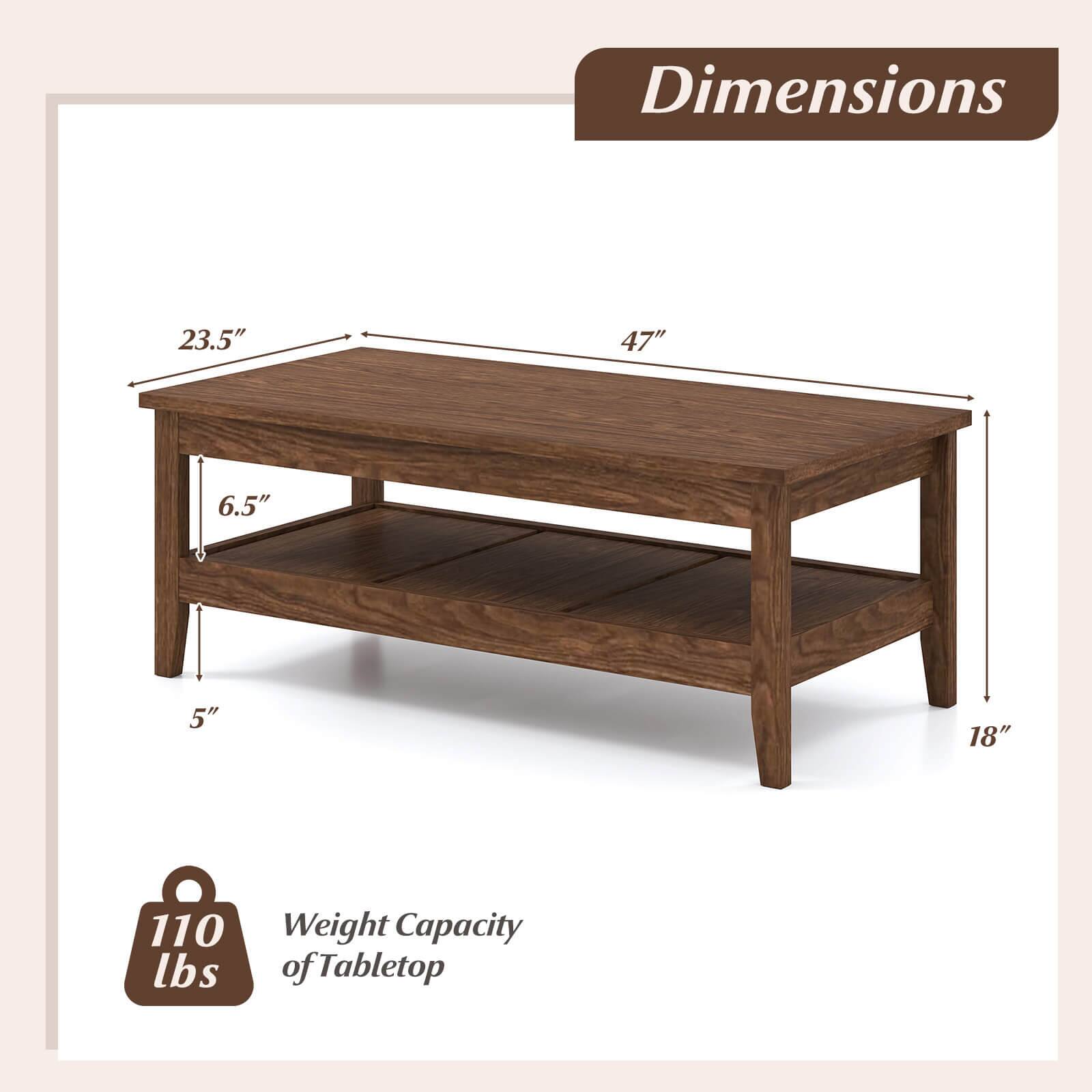 Dimensions:  
- Length: 47"  
- Width: 23.5"  
- Height: 18"  
- Shelf Height: 6.5"  
- Leg Height: 5"  

Weight Capacity of Tabletop: 110 lbs