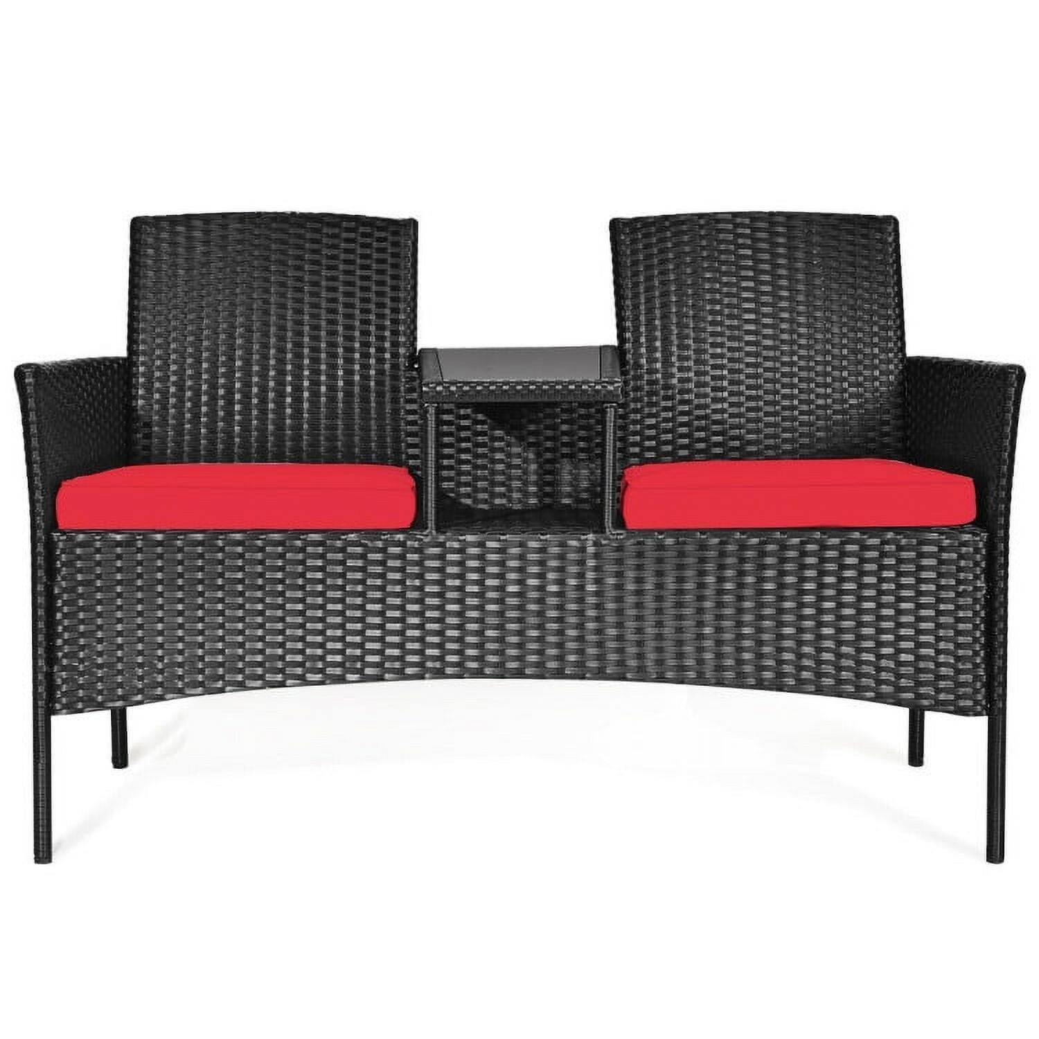 Alt View 1. Kadyn - 3 Pc Patio Conversation Bistro Set with Seat Outdoor Rattan Patio Conversation Set with Built-in Coffee Table and Cushio - Red.