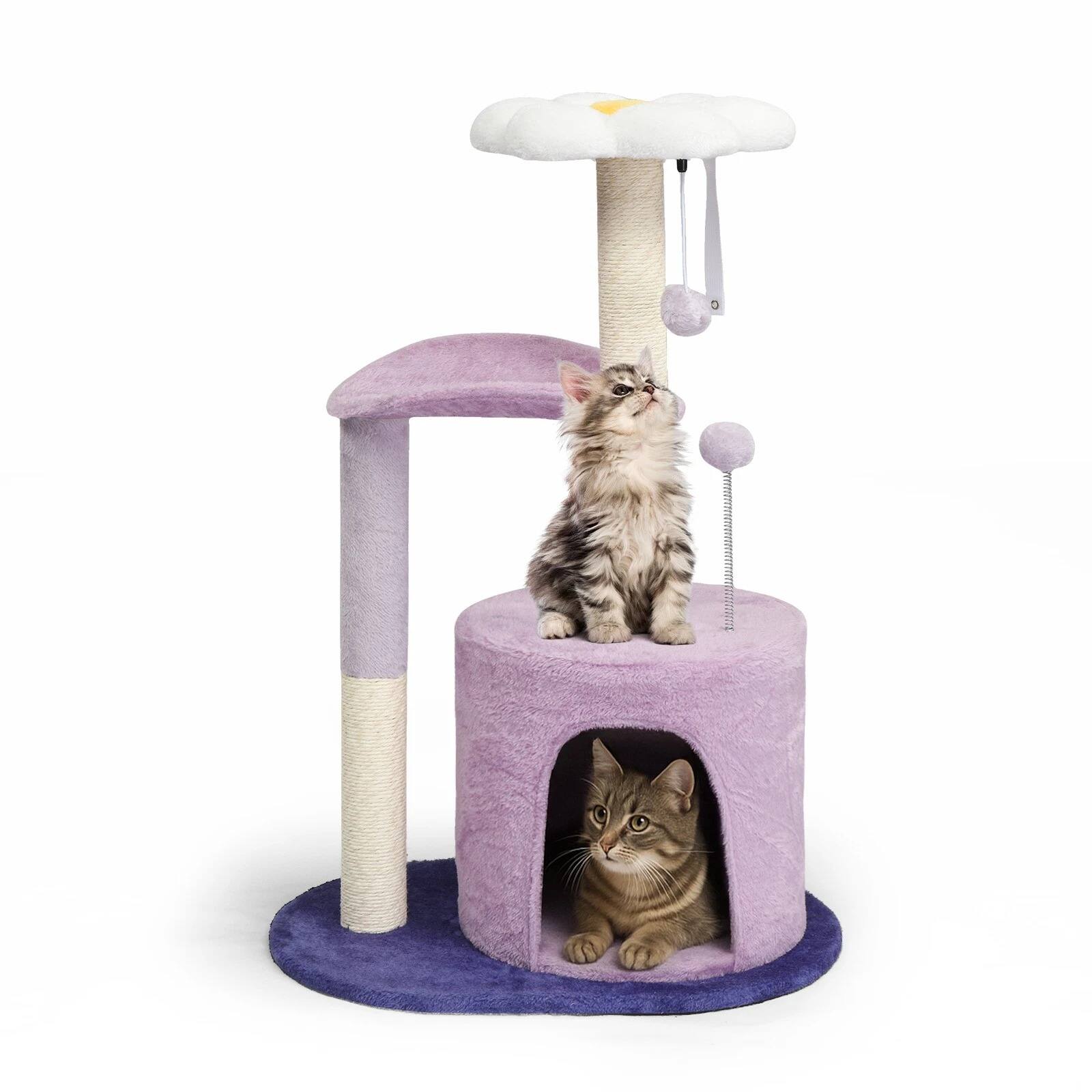 Angle. Home Collection - Multi-Level Purple Cat Tree Tower with Scratching Post Condo and Play Balls - Purple.