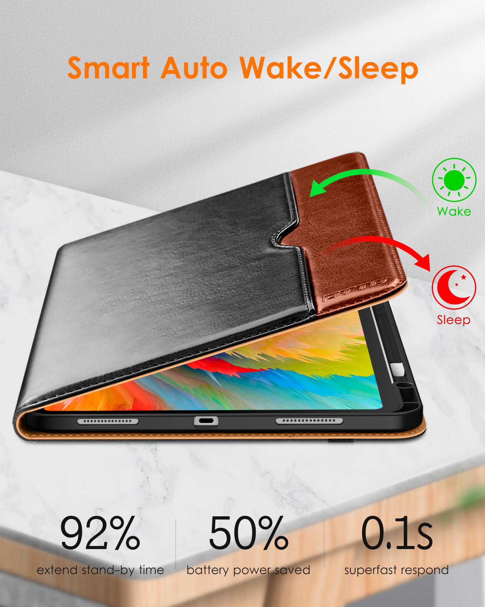 Smart Auto Wake/Sleep

- 92% extend stand-by time
- 50% battery power saved
- 0.1s superfast respond

Wake
Sleep