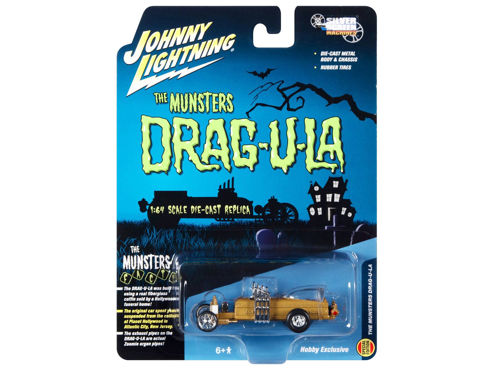 SILVER SCREEN MACHINES JOHNNY DIE-CAST BOY RUBBER & CHASSIS TIRES METAL THE MUNSTERS DRAG-U-LA 1:64 SCALE DIE-CAST REPLICA THE MUNSTERS F A C 1 The DRAG-U-LA Was built using a real fiberglass coffin sold by a Hollywood funeral home! The original car spent years suspended from the ceiling at Planet Hollywood in Atlantic City, New Jersey. The exhaust pipes on the DRAG-U-LA are actual Zoomie organ pipes! 6+ Hobby Exclusive DRAG-U-LA MUNSTERS THE SPECIAL EDITION