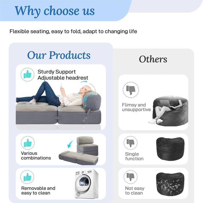 Why choose us  
Flexible seating, easy to fold, adapt to changing life  

Our Products  
- Sturdy Support  
  Adjustable headrest  
- Various combinations  
- Removable and easy to clean  

Others  
- Flimsy and unsupportive  
- Single function  
- Not easy to clean