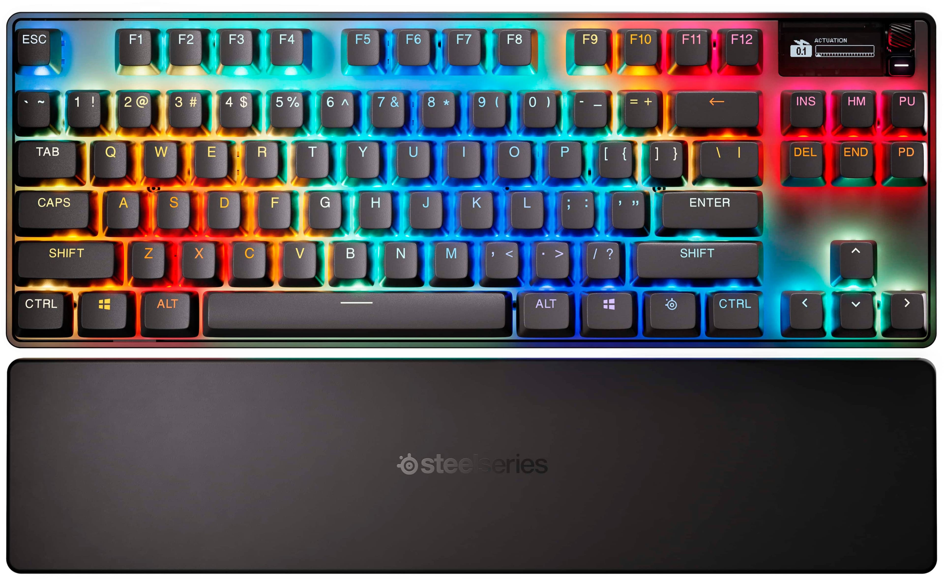 The image features a keyboard with a colorful rainbow design. The keyboard has a full range of keys, including letters, numbers, and function keys. The keys are arranged in rows, with some keys placed in the center and others on the sides. The keyboard is likely designed for a desktop computer, as it is a full-sized keyboard with a wide range of keys. The colorful design and layout make it an attractive and functional addition to any computer setup.