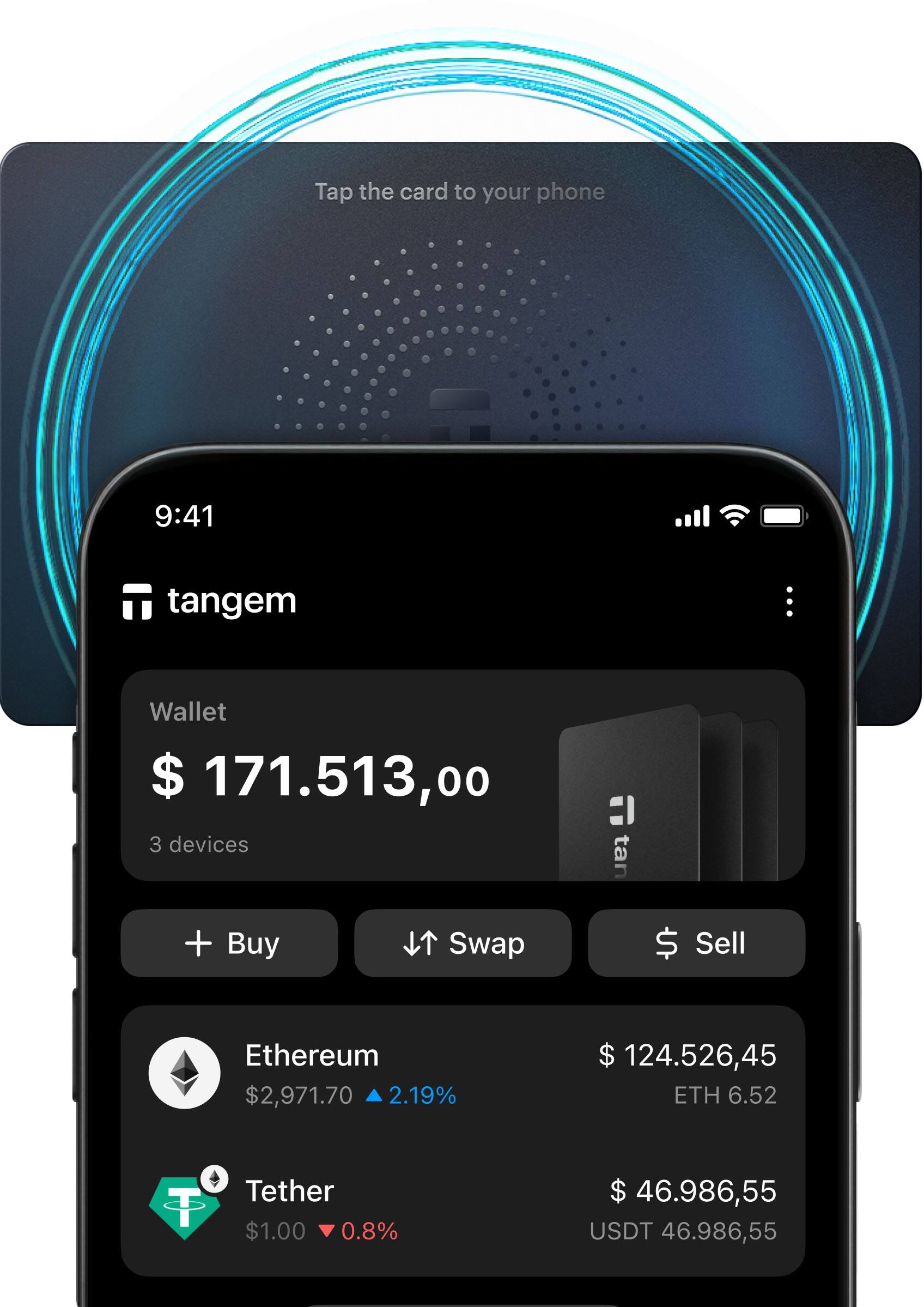 Tap the card to your phone

9:41

tangem Wallet $171,513.00  
3 devices

+ Buy  
Swap  
$ Sell

Ethereum $2,971.70 ▼ 2.19%  
$124,526.45 ETH 6.52

Tether $1.00 ▼ 0.8%  
$46,986.55 USDT 46,986.55