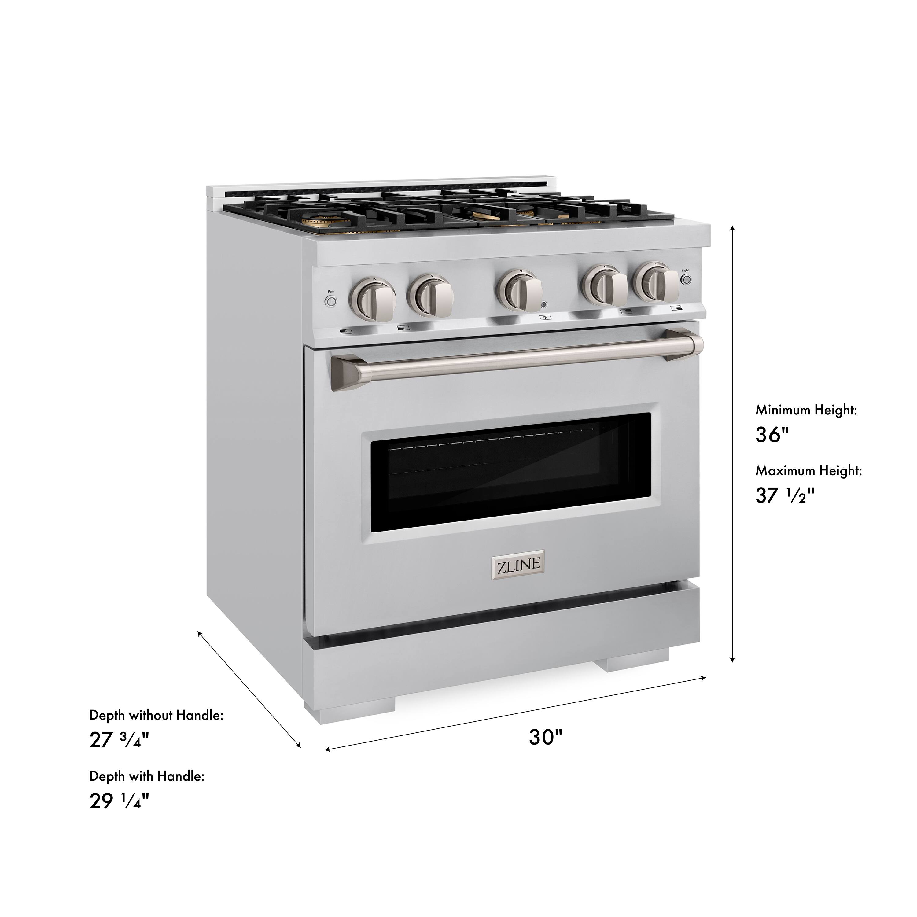 Minimum Height: 36"  
Maximum Height: 37 1/2"  
ZLINE Depth without Handle: 27 3/4"  
30" Depth with Handle: 29 1/4"
