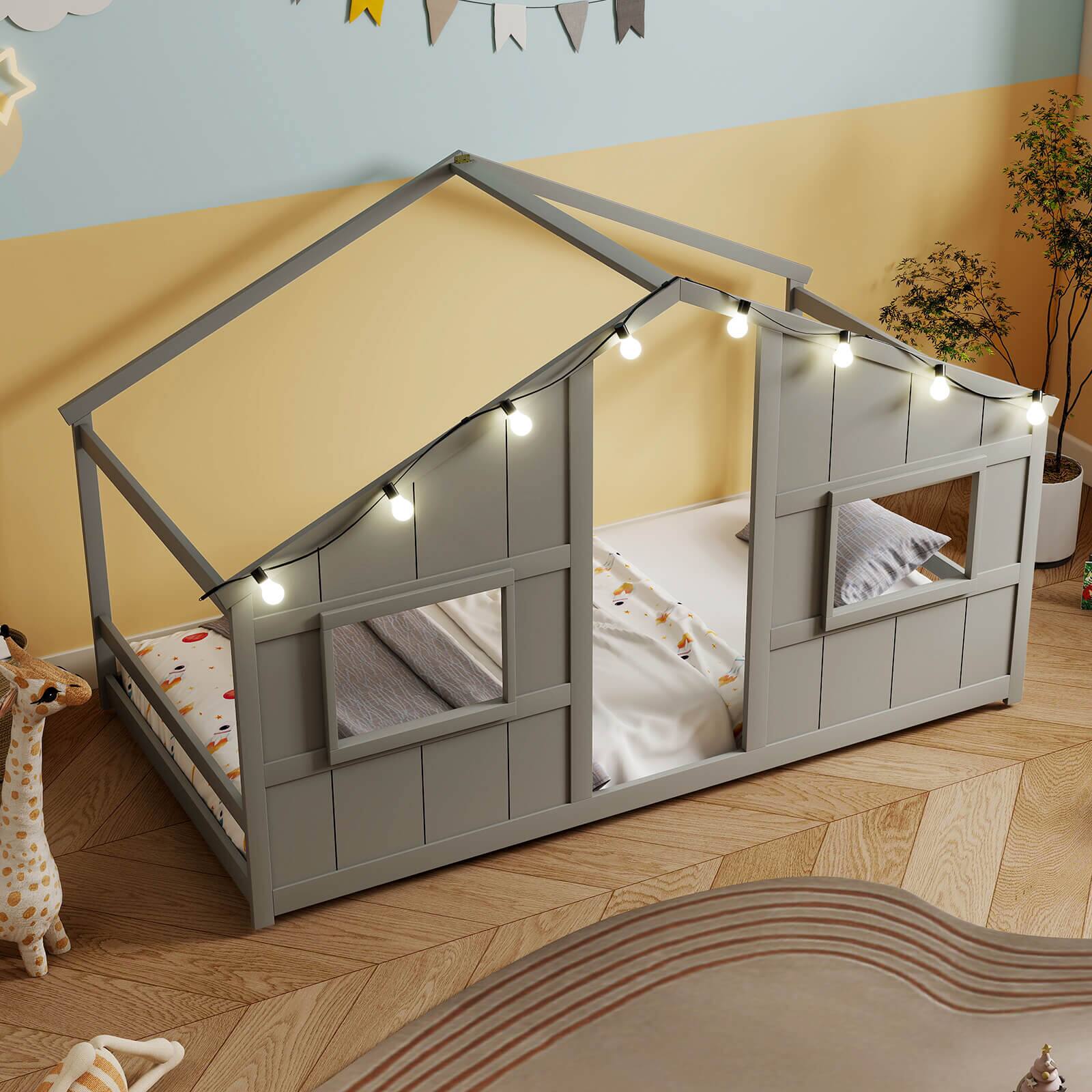 Alt View 4. Costway - Costway Twin Size House Floor Bed with LED Lights Solid Wood Bed Frame without Slats - Gray.
