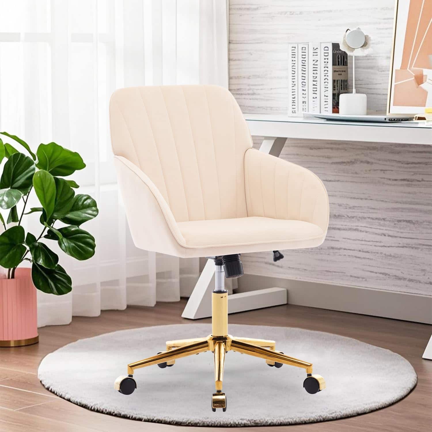 Trinkets Crazed - 24.6" Velvet Office Chair, Ergonomic Swivel Desk Chair with Memory Foam Seat - Adjustable Height Computer Chair - khaki