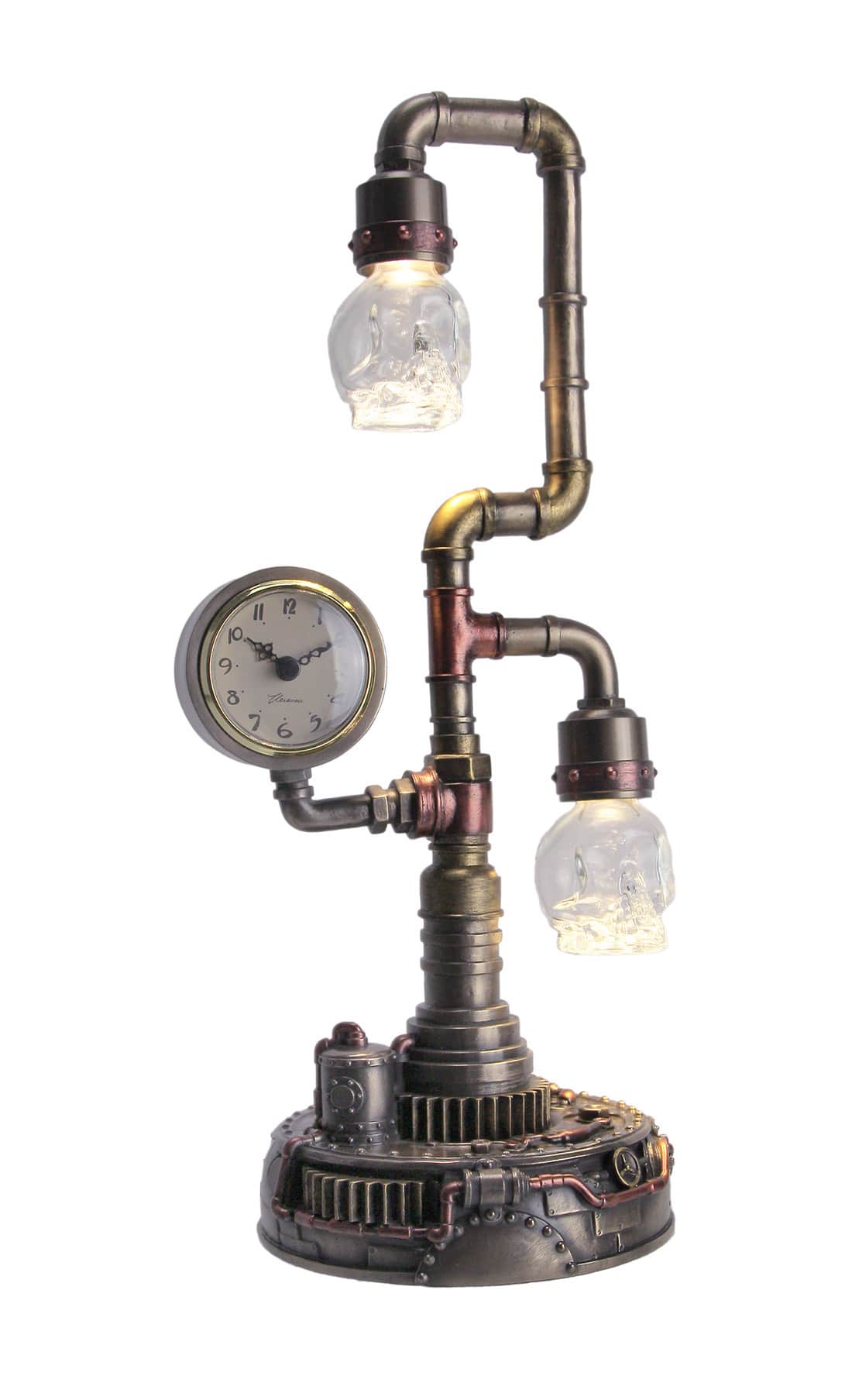 Veronese Design - Steampunk Pipework Clock Stand USB Powered LED Skull Bulb Copper Accent Desk Light - Bronze
