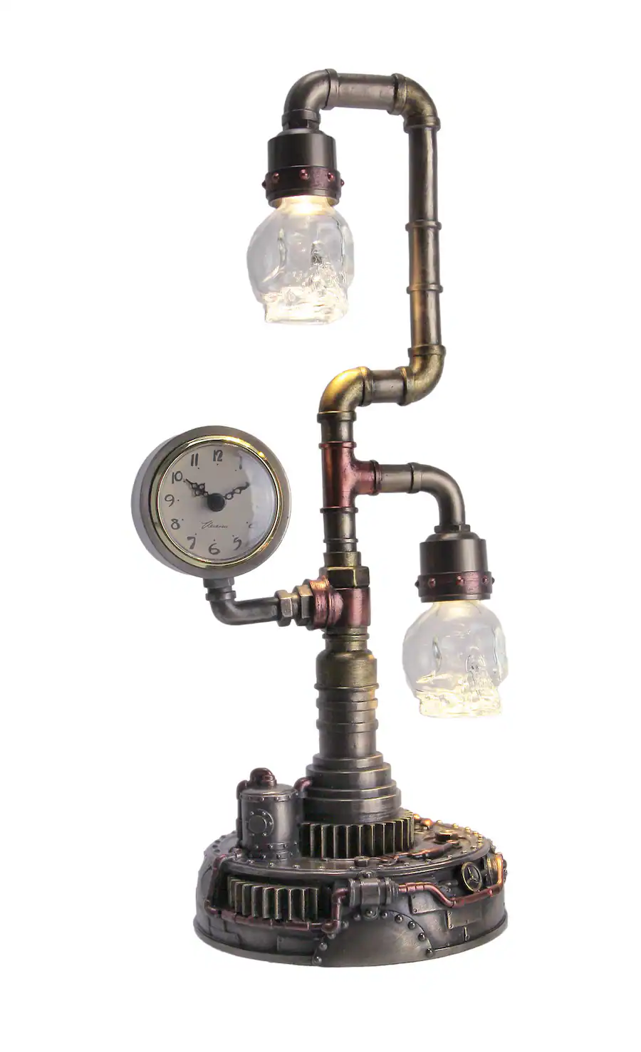 Piepwork Veronese Design Steampunk Pipework Clock Stand USB Powered LED Skull ...