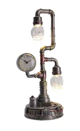 Veronese Design - Steampunk Pipework Clock Stand USB Powered LED Skull Bulb Copper Accent Desk Light - Bronze