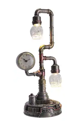 Front. Veronese Design - Steampunk Pipework Clock Stand USB Powered LED Skull Bulb Copper Accent Desk Light - Bronze.