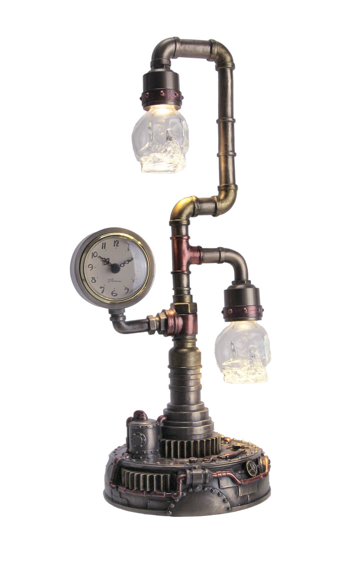 Front. Veronese Design - Steampunk Pipework Clock Stand USB Powered LED Skull Bulb Copper Accent Desk Light - Bronze.
