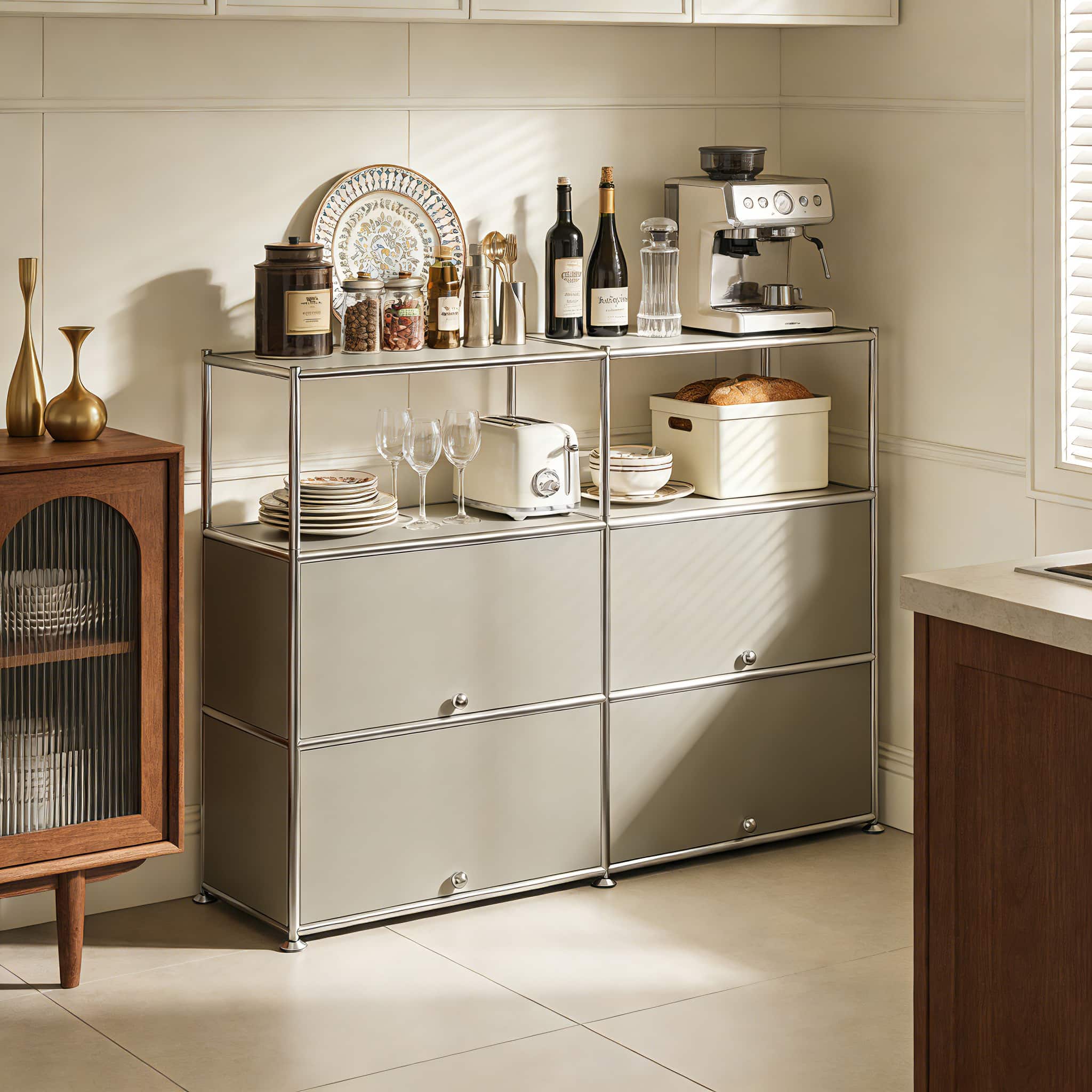 Front. Malletson - Storage Cabinet with Double Drawers and Metal Frame, Multi-Purpose Home Organizer for Entryway, Living Room or Bedroom - Grey.