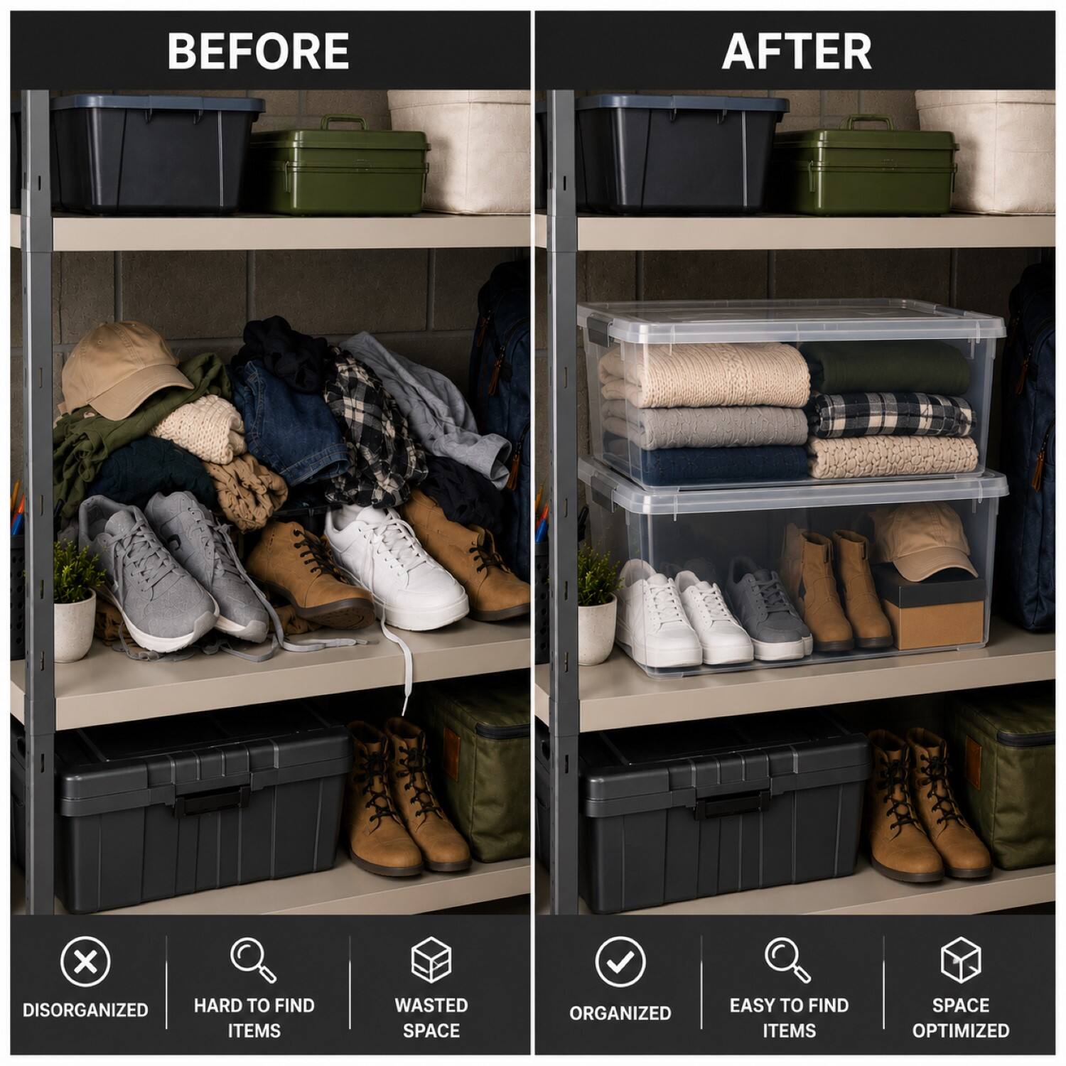 BEFORE  
AFTER  

DISORGANIZED  
HARD TO FIND ITEMS  
WASTED SPACE  

ORGANIZED  
EASY TO FIND ITEMS  
SPACE OPTIMIZED