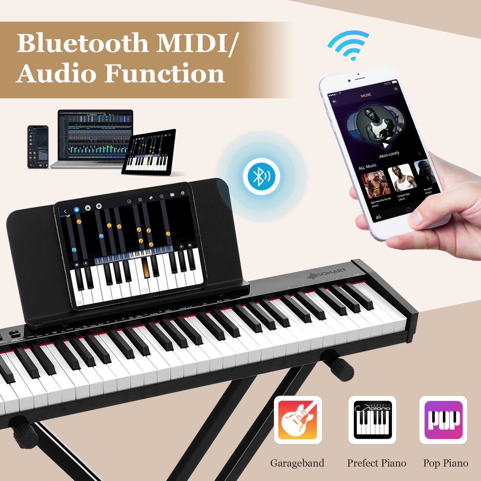 Bluetooth MIDI/Audio Function

MUSIC
Akon - Lonely
ALL Music

Garageband
Perfect Piano
Pop Piano