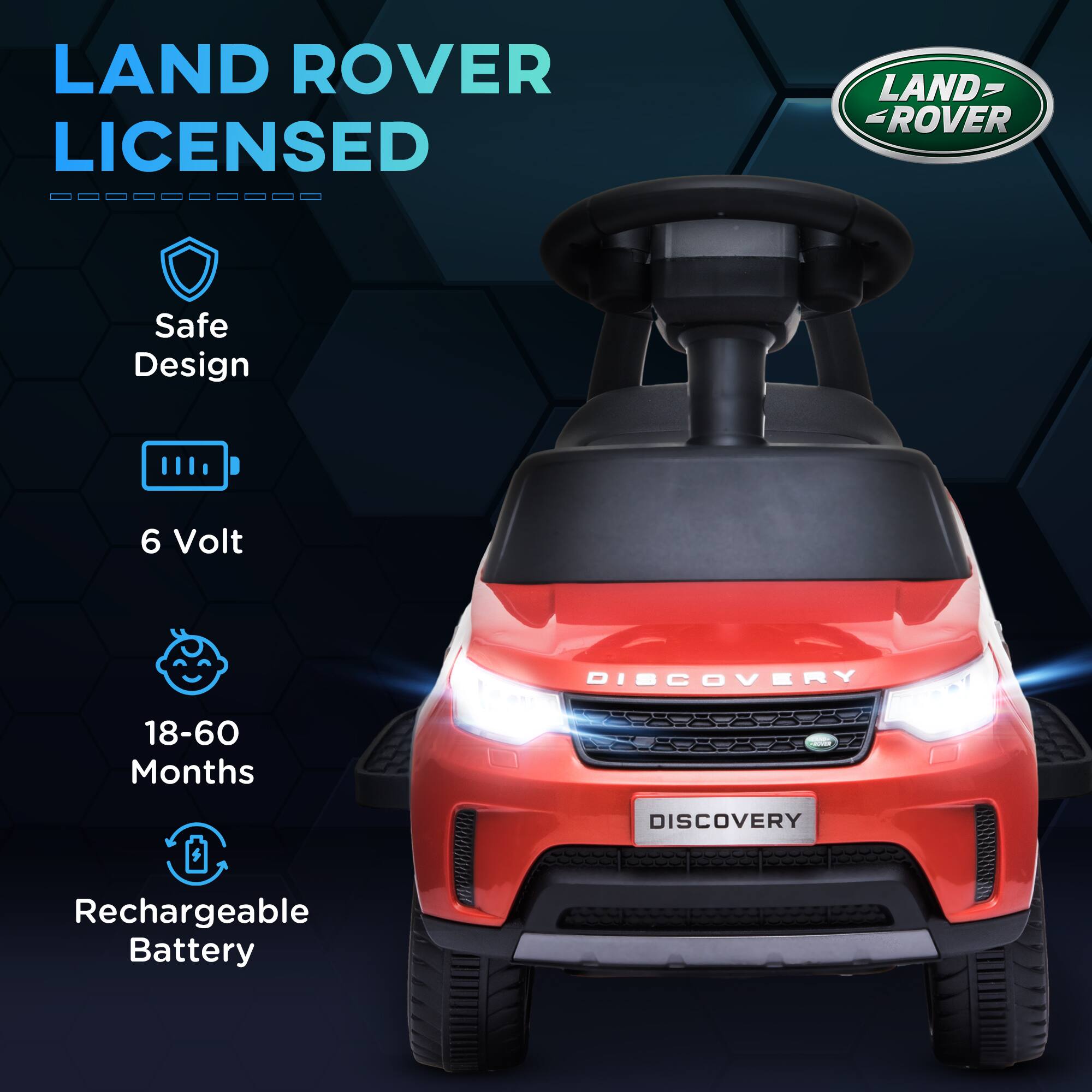 LAND ROVER LICENSED

- Safe Design
- 6 Volt
- 18-60 Months
- Rechargeable Battery

DISCOVERY