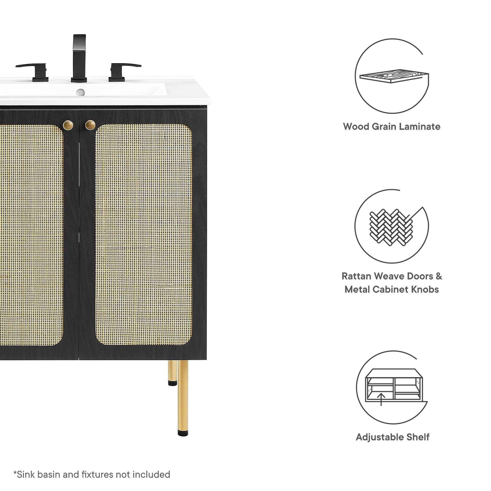 Wood Grain Laminate Rattan Weave Doors & Metal Cabinet Knobs Adjustable Shelf  
*Sink basin and fixtures not included