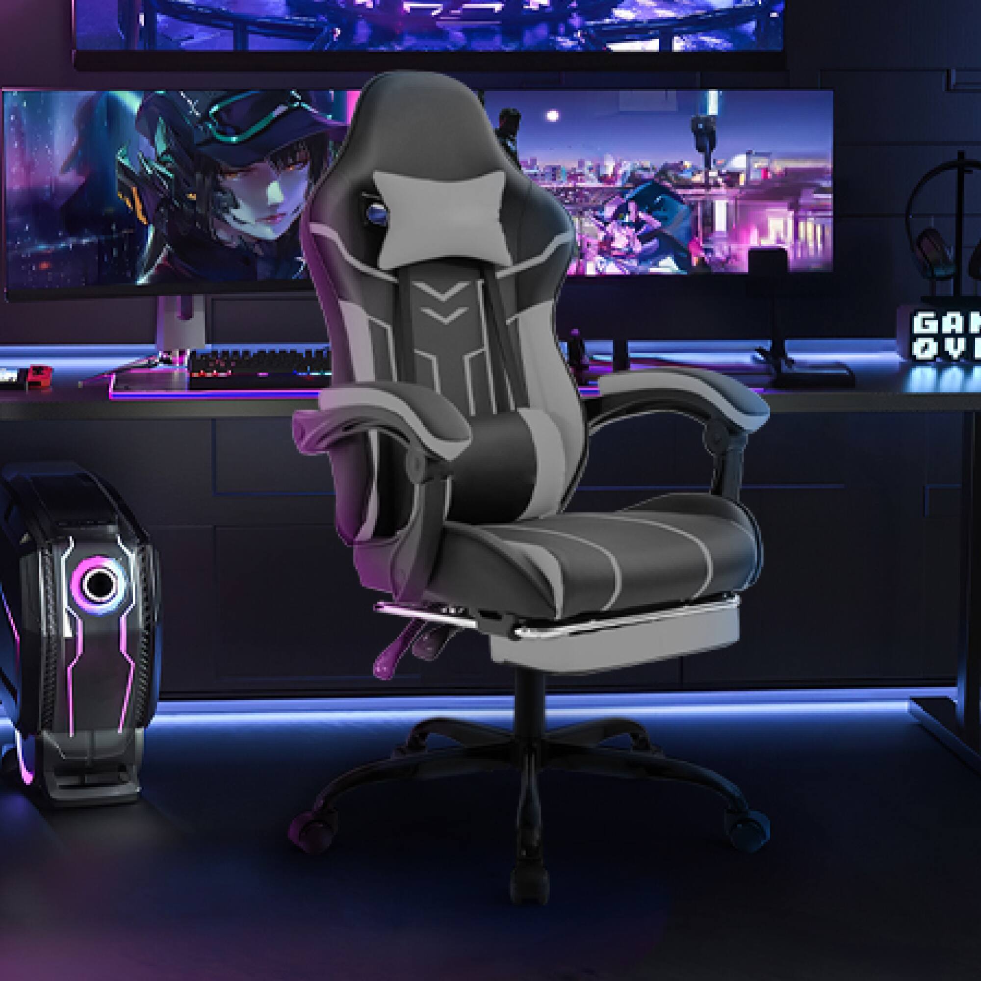 Alt View 9. GOODSILO - Ergonomic Gaming Chair with Lumbar Support and Retractable Footrest for Enhanced Comfort and Posture - Black+Gray.