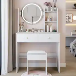 LUCKY ONE - 17in Round LED Mirror Vanity Set with Large Desktop, Multi-Layer Storage and Stool for Small Space - White