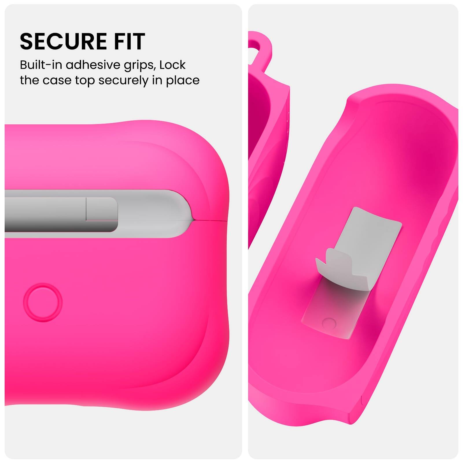 SECURE FIT  
Built-in adhesive grips, Lock the case top securely in place