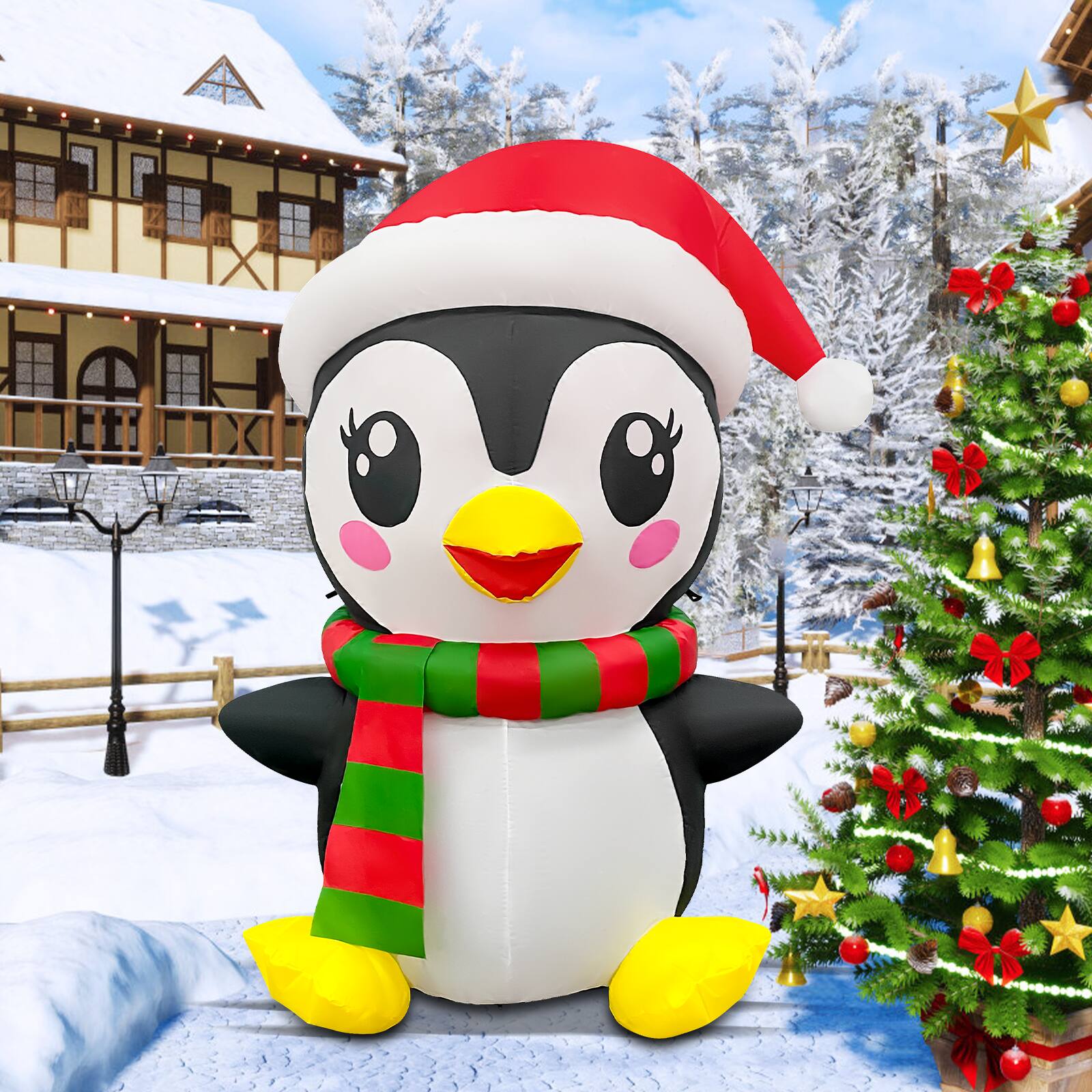 Angle. GOOSH Inflatables - GOOSH 5FT Christmas Penguin Inflatable with Santa Hat, Scarf, and LED Lights - Black.