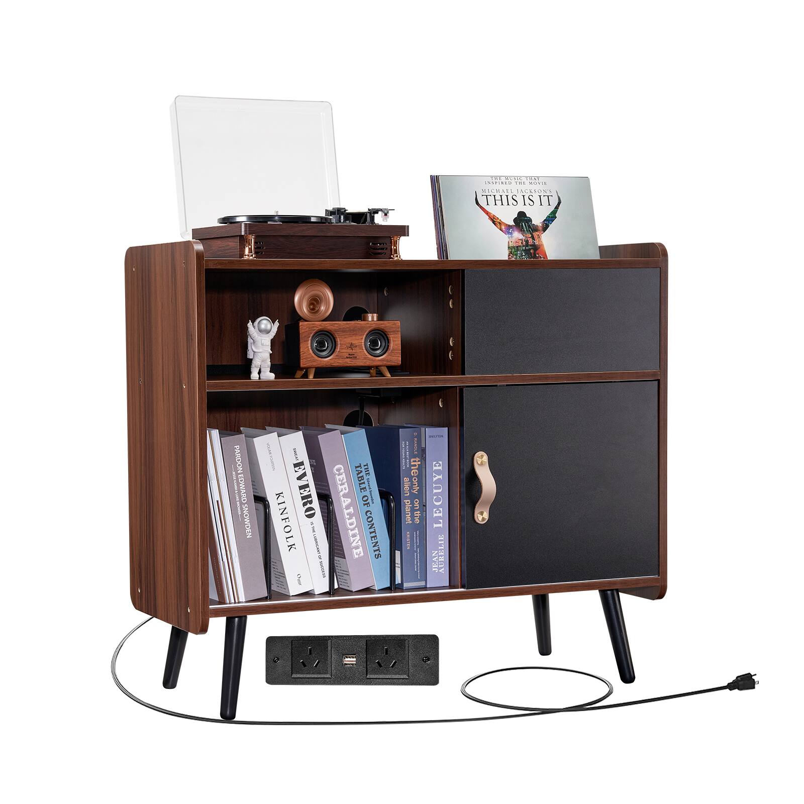 VEVOR - Record Player Stand with Power Outlet, Turntable Stand Holds Up to 350 Albums, Record Player Table - Brown