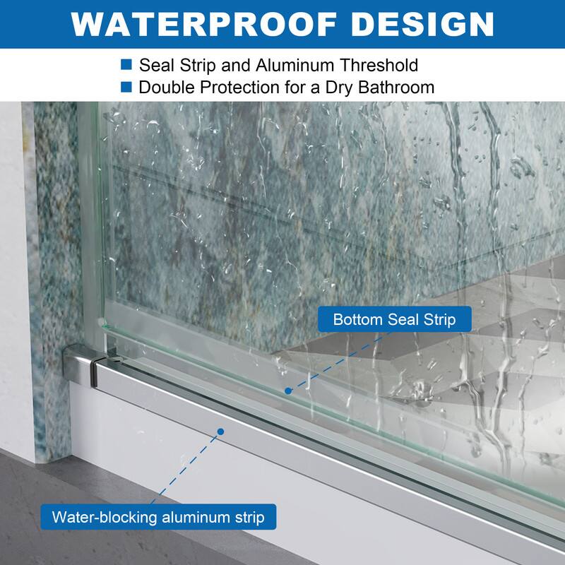 WATERPROOF DESIGN

- Seal Strip and Aluminum Threshold
- Double Protection for a Dry Bathroom

Bottom Seal Strip

Water-blocking aluminum strip