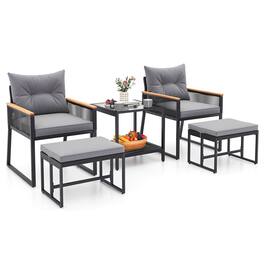Costway - 5 Piece Outdoor Conversation Set Rattan Armchairs with 2-Layer Side Table - Gray,Black