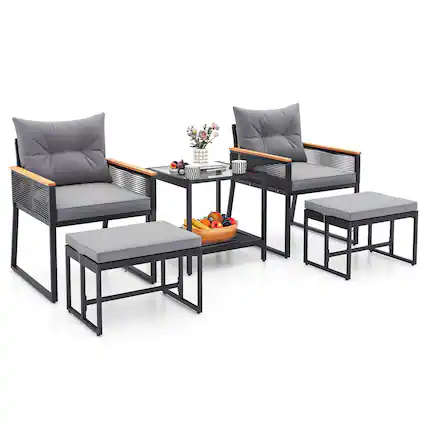 Front. Costway - Costway 5 Piece Outdoor Conversation Set Rattan Armchairs with 2-Layer Side Table - Gray,Black.