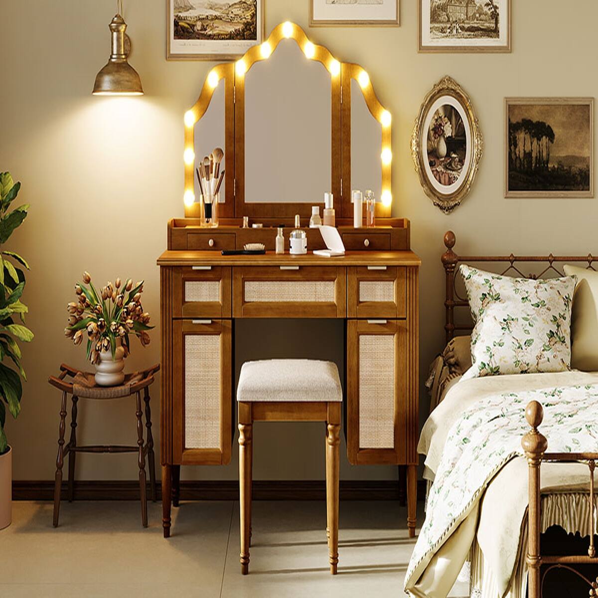 Alt View 4. Loheer - Loheer Makeup Vanity Desk with Stool, Espresso Tri-Fold Mirror and 13 Bulb Hollywood Lighting - Espresso.
