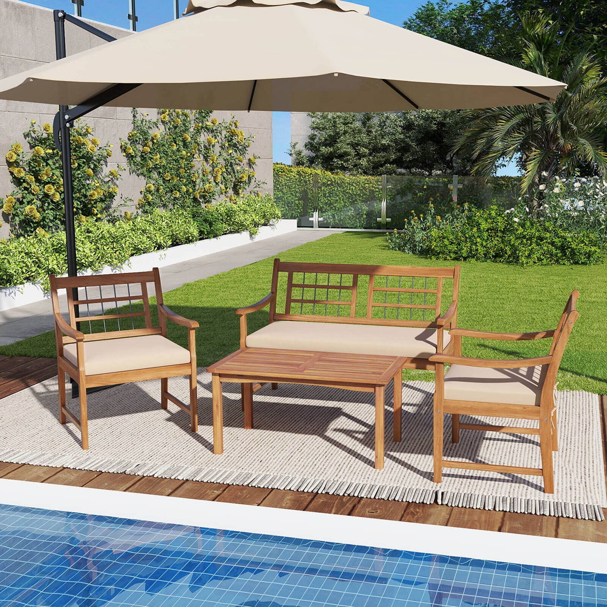 Alt View 1. Costway - 4 PCS Wood Patio Furniture Set with Soft Seat Cushions Solid Acacia Wood Frame - Off White,Natural.