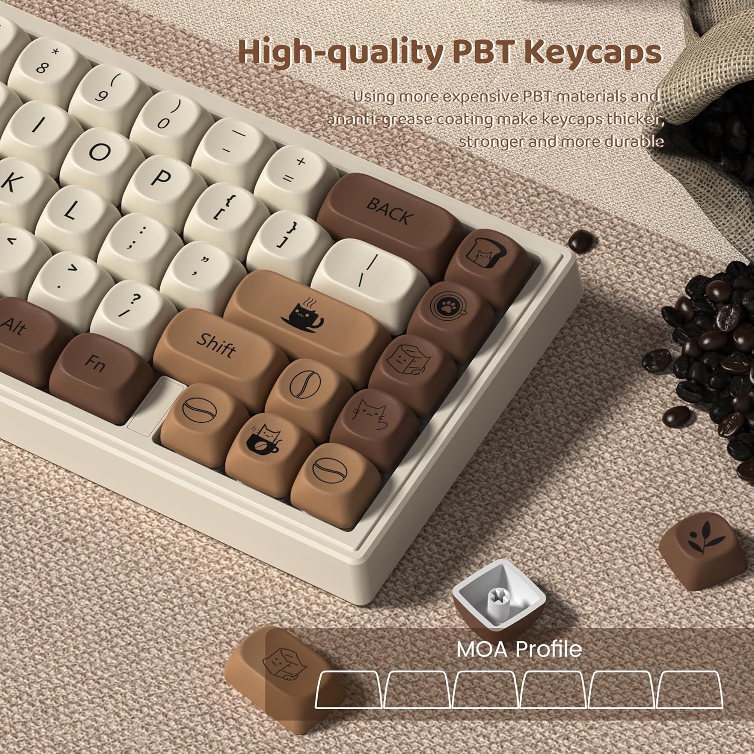 High-quality PBT Keycaps

Using more expensive PBT materials and anti-grease coating make keycaps thicker, stronger and more durable

MOA Profile